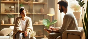 Dall·e 2025 03 24 04.25.51 a modern therapy session in a warm, welcoming space. a therapist and client are engaged in a relaxed, meaningful conversation in a cozy, softly lit ro