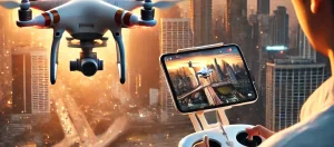 Dall·e 2025 04 08 09.13.26 a drone photographer capturing aerial images of a cityscape at sunset. the person is operating a drone with a remote controller, while a screen shows